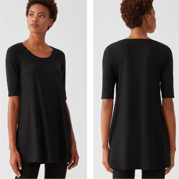 🎆 EILEEN FISHER Fine Jersey Scoop Neck 3/4 sleeve Tunic Black Minimalist Medium - Picture 1 of 9
